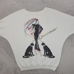 Vintage Chasseresse Sweater Womens Large White 80s Art Deco Graphic Cats Batwing